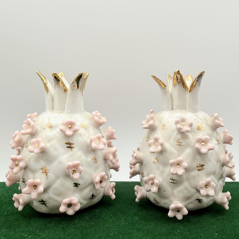 Vintage Lefton Pineapple Salt & Pepper Shakers Pink Gold Crown 3D Flowers Japan